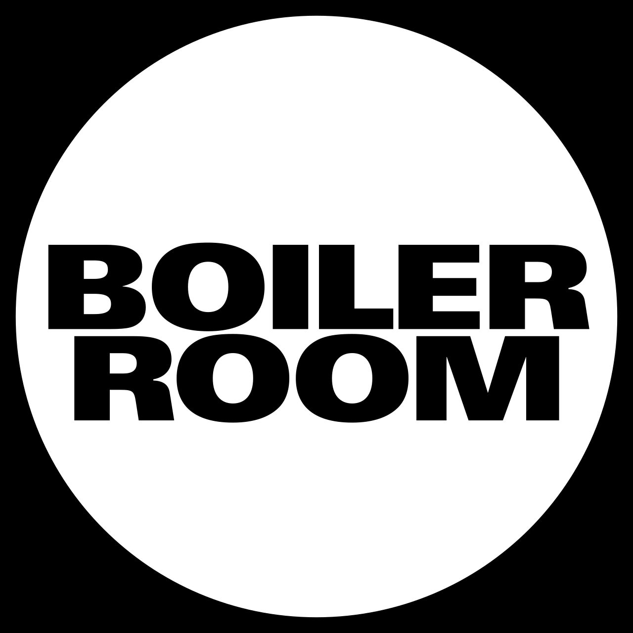Official Boiler Room logo in black text inside a white circular graphic on a black background.