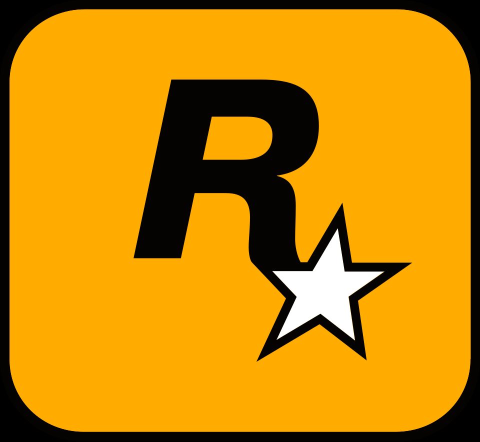 Black "R" with a white star in a yellow square, forming a simple logo design. No other elements or emotions are depicted. Rockstar Games Logo.