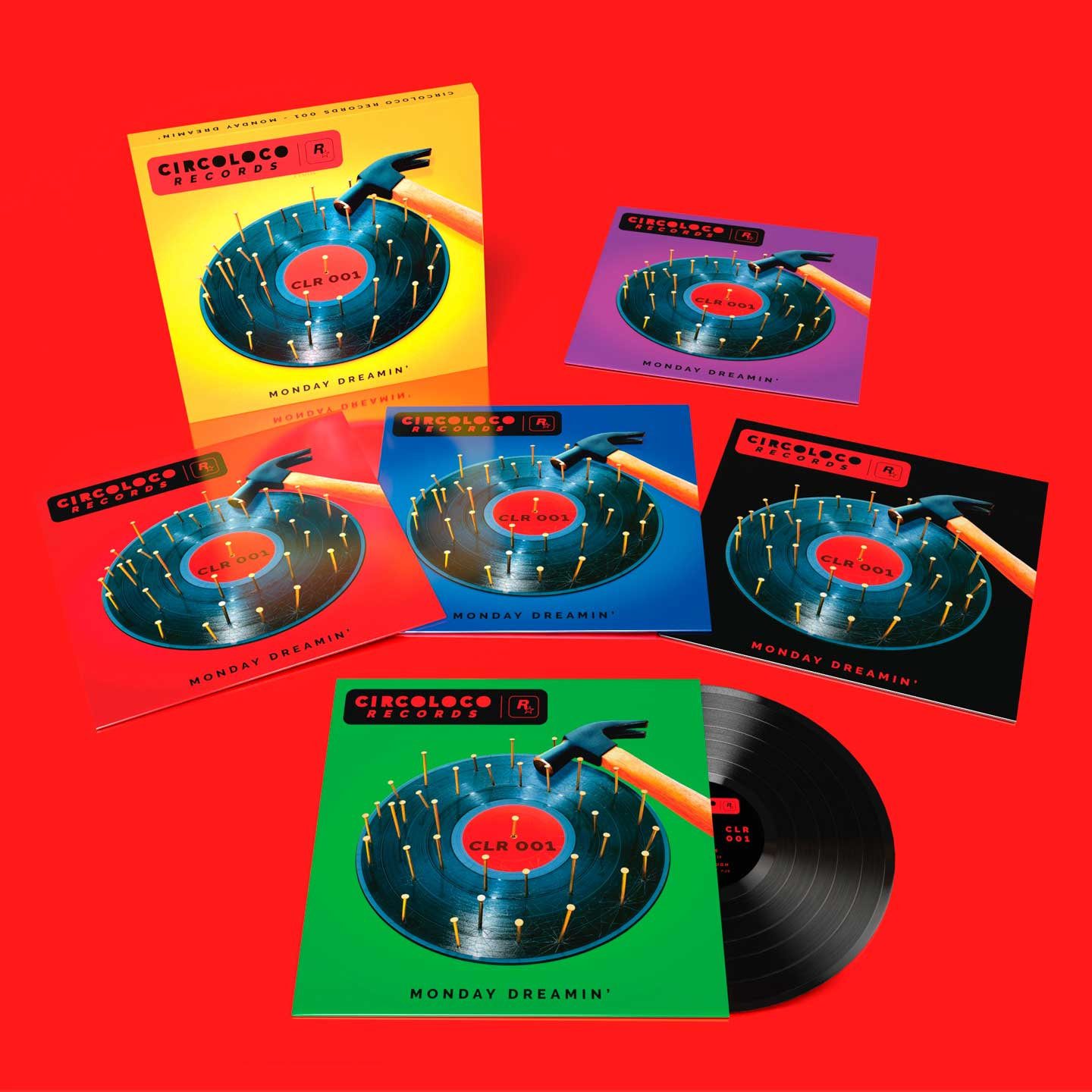 Vinyl records and covers titled "Monday Dreamin'" with colorful artwork on a vibrant red background. Text: "Circoloco Records."