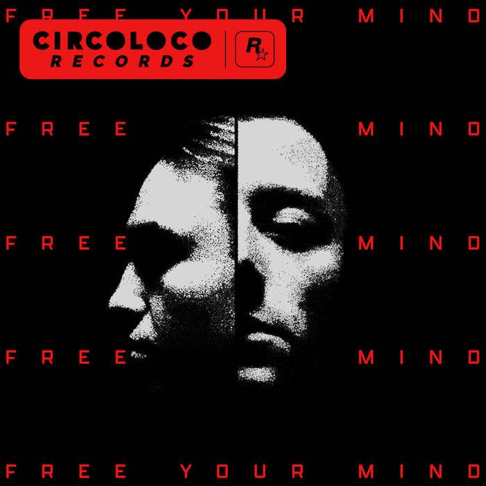 Prospa Free Your Mind album cover. Two monochrome faces split and mirrored on a black background. Red text says "FREE YOUR MIND." "CIRCOLOCO RECORDS" logo at the top.