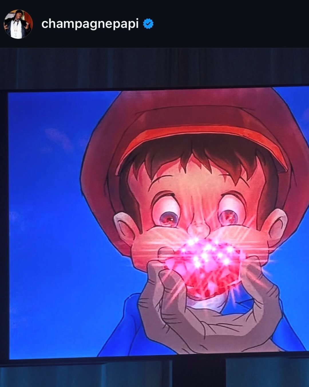 Drake Instagram post from champagnepapi account showing Pinocchio character holding glowing red ruby, August 2025 Iceman rollout tease