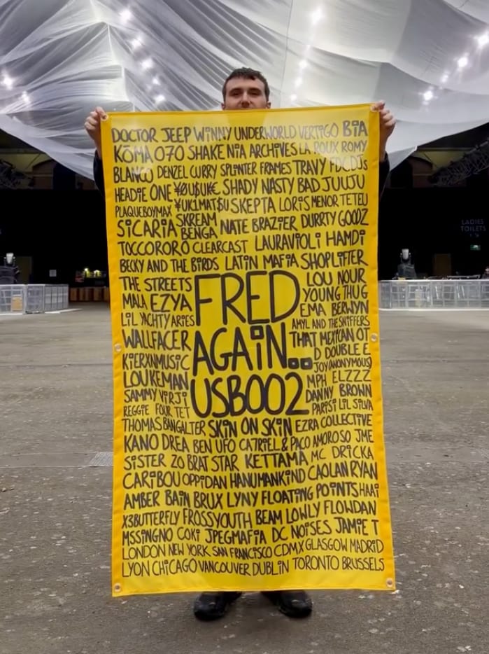 The Fred again.. USB002 line-up banner listing the era's collaborators and host cities, from Skepta and Four Tet to Thomas Bangalter and Kettama