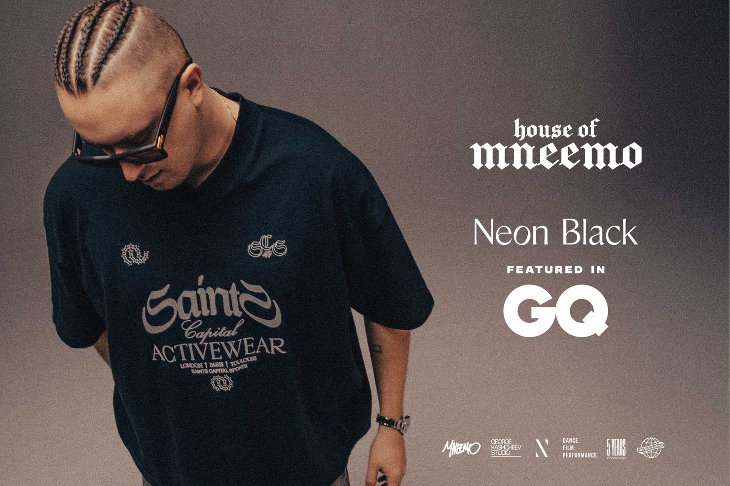 House of MNEEMO x Neon Black private summer takeover artwork featuring MNEEMO, GQ feature mention and creative partners in London