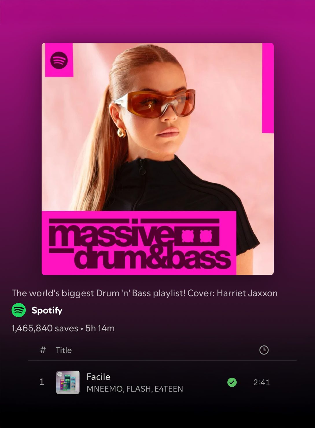 Facile by MNEEMO Yaroslav Gorovoy, FLASH Anton Ditiashov and E4TEEN Christian Tooth placed in Spotify Massive Drum and Bass playlist
