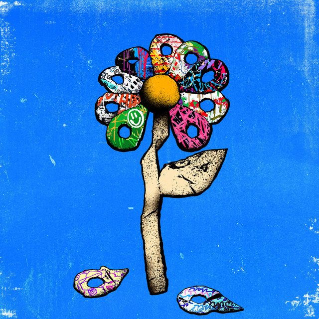 A flower with multicoloured petals against a blue background. The petals are decorated with graffiti, and two petals have fallen off. Bright, creative mood. NIKITAIDISYUDA — This Is A Flower Cover Art