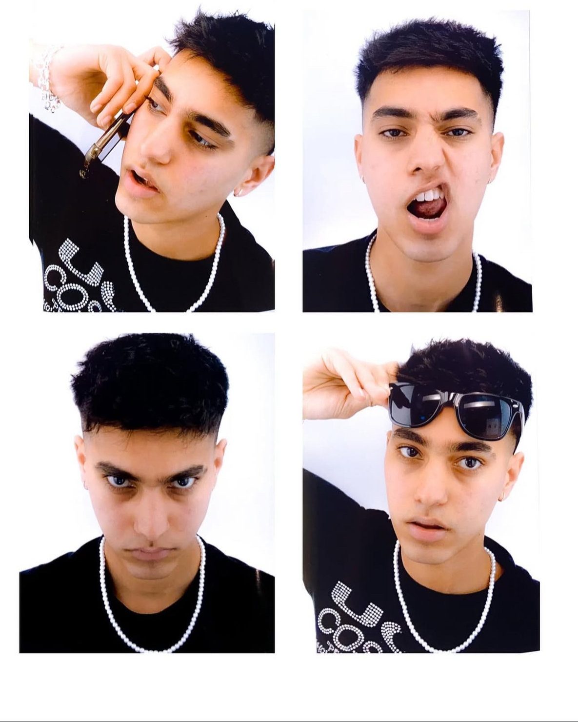 Парень OMAR+ in four poses: holding a phone, sticking his tongue out, frowning, and wearing glasses. White background, black T-shirt, and a pearl necklace.