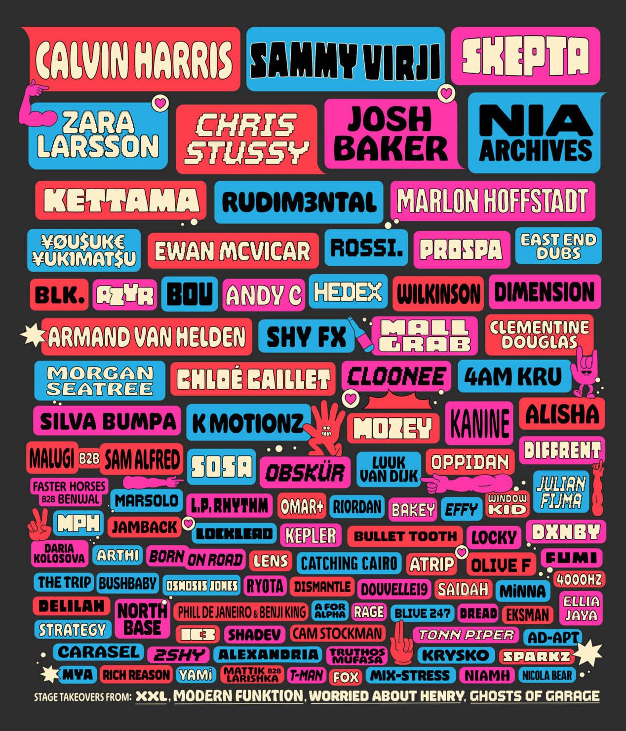 Parklife 2026 Colorful lineup poster featuring artist names in bold fonts against a black background. Notable names include Calvin Harris and Skepta.