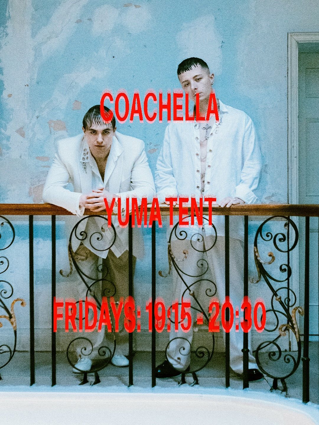 Prospa Coachella Yuma Tent poster featuring Harvey Blumler and Guiorgi “Gosha” Smith in white outfits with red event text.