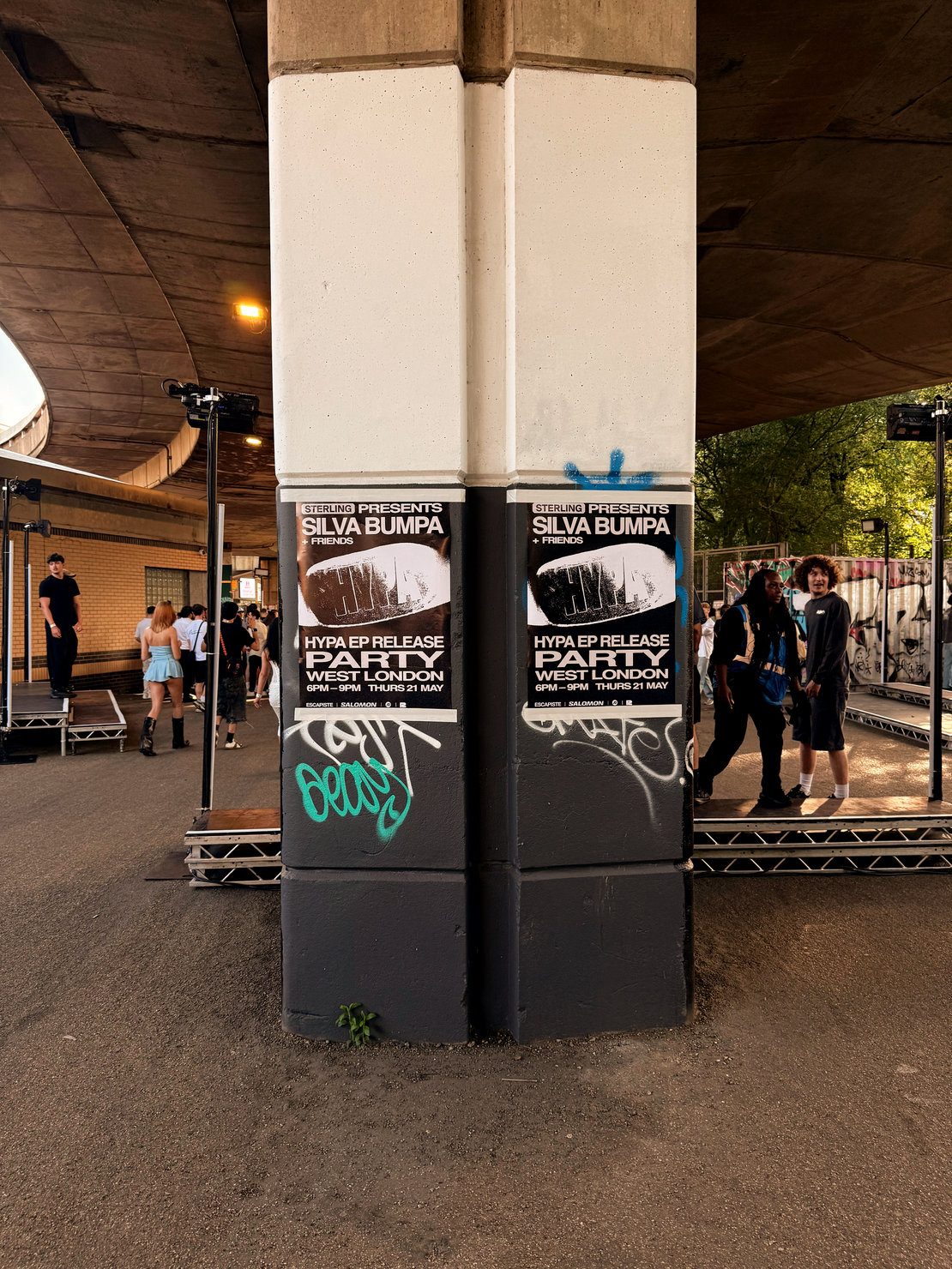 Posters for Sterling Presents Silva Bumpa + Friends HYPA EP Release Party in West London, advertising the open-air event on Thursday 21 May from 6 PM to 9 PM under the bridge.